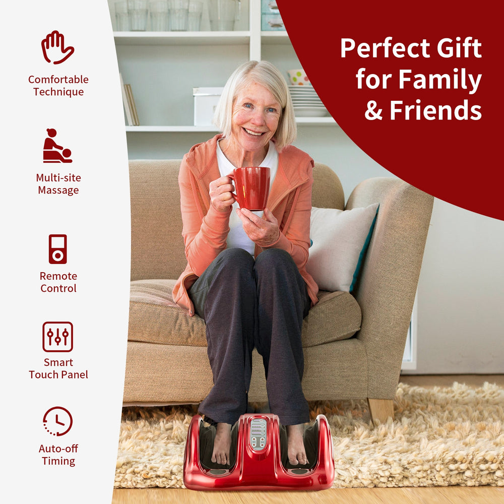 Therapeutic Shiatsu foot massager in red with remote control, designed for comfort and stability, perfect for home.