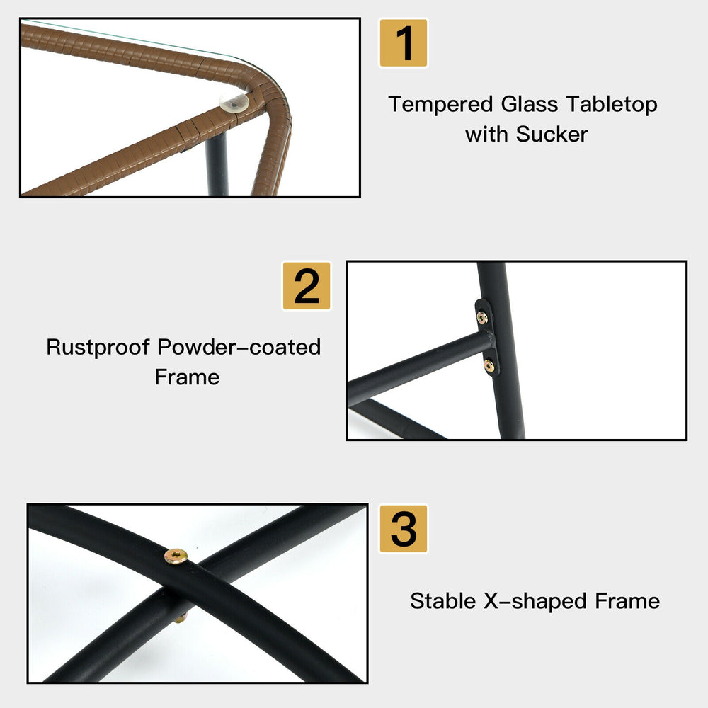 Tempered glass tabletop with sucker on a patio bistro set featuring a rustproof powder-coated frame for outdoor use.