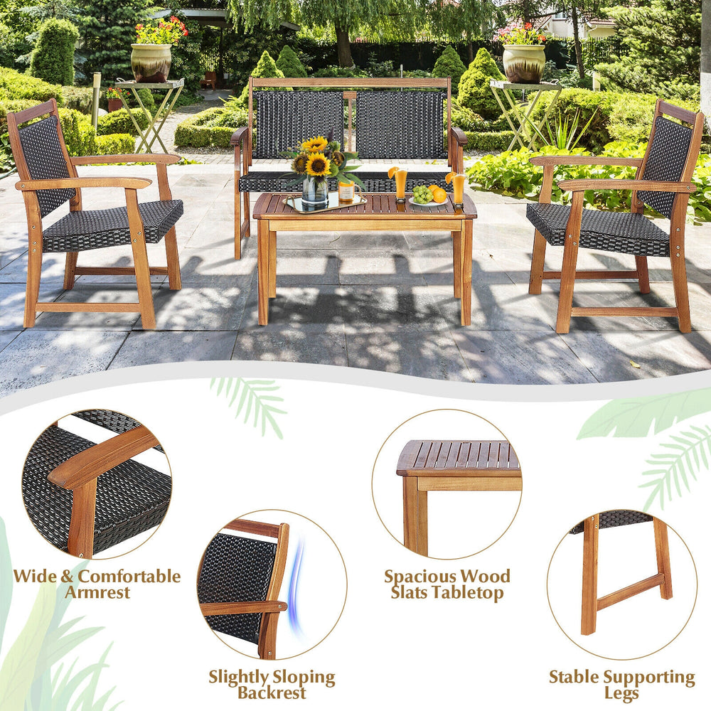 4-piece outdoor patio rattan furniture sofa set with acacia wood frame, featuring ergonomic backrest for comfort.