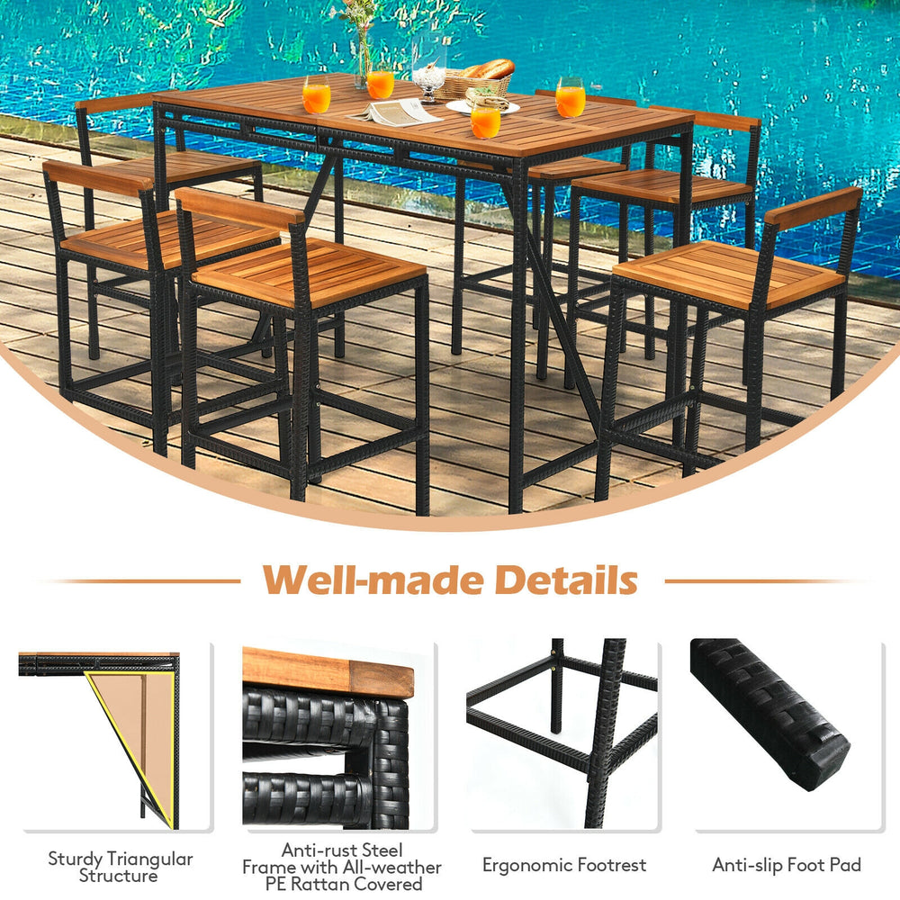 7-piece acacia wood patio bar set with umbrella hole, featuring sturdy steel frame and PE rattan, ideal for outdoor.