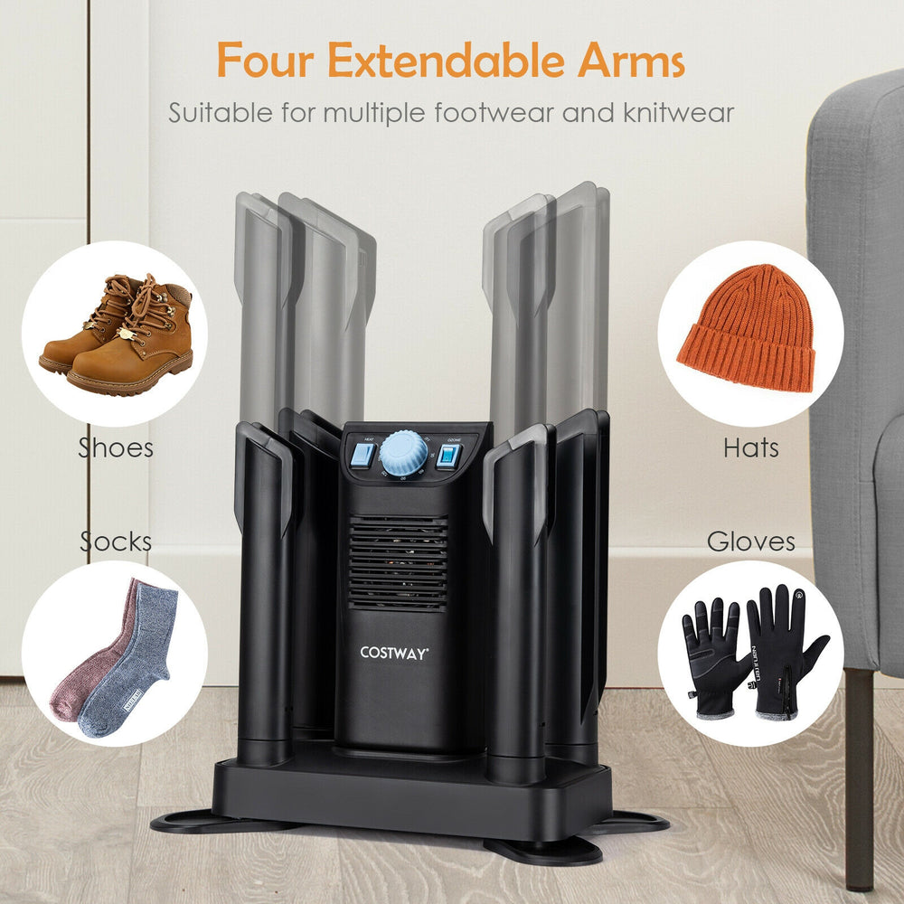 Electric shoe dryer with four extendable arms for drying shoes, gloves, hats, and socks efficiently.