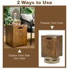 Outdoor hideaway table with rustic wood grain, designed for 20 lbs propane tank storage and as a side table for patio.