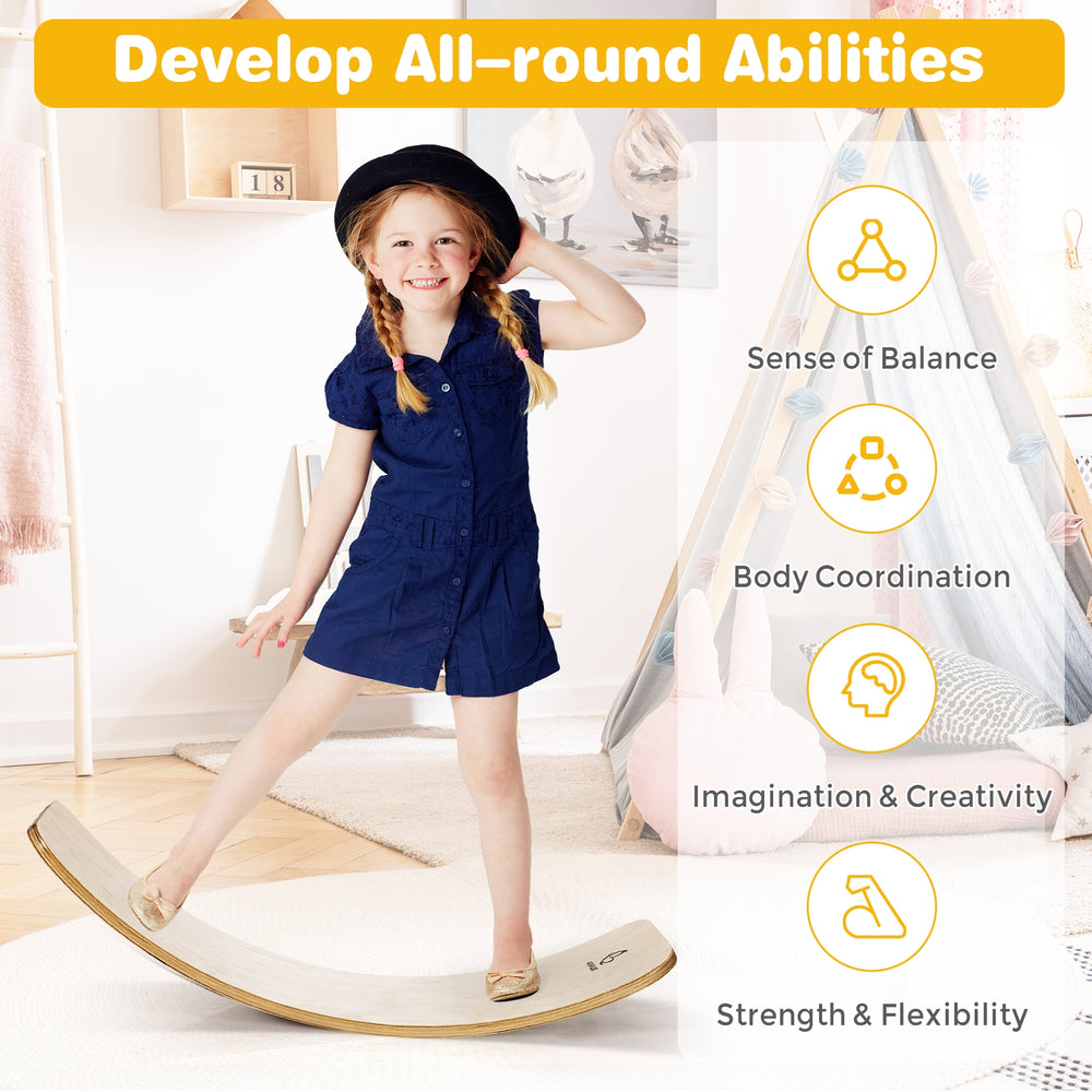 Curved 12-inch wobble board made of natural birch wood for balance training, suitable for kids and adults indoors or.