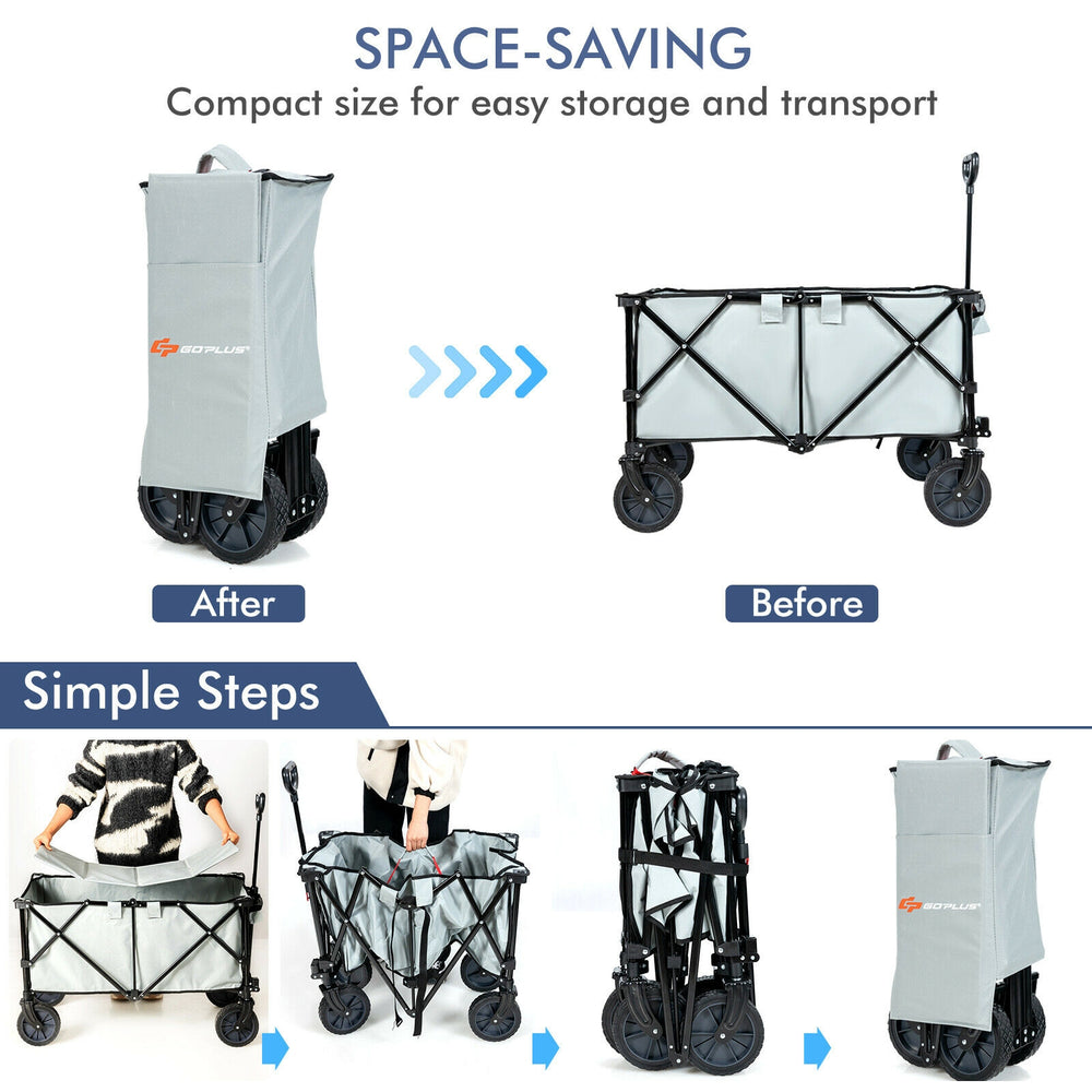 Collapsible outdoor folding wagon cart in gray with adjustable handle, designed for easy transport and storage.