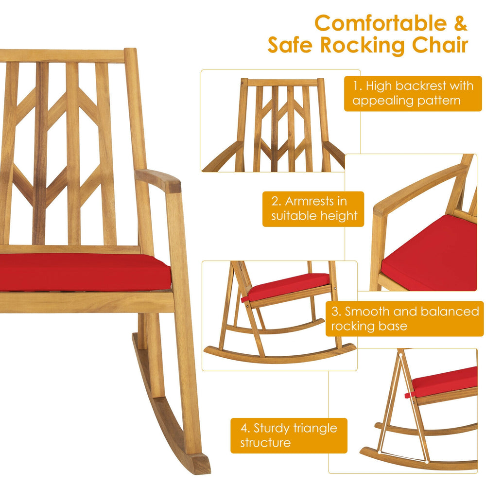 Patio acacia wood rocking chair with red cushion, featuring a high backrest and sturdy rocking base for outdoor.