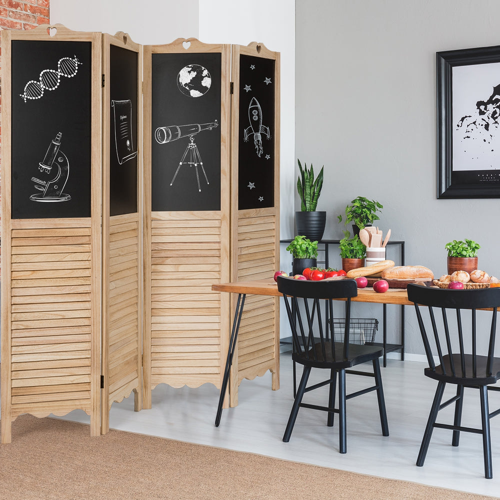 4-panel folding room divider screen in rustic wood with chalkboard surfaces, ideal for living room or office use.