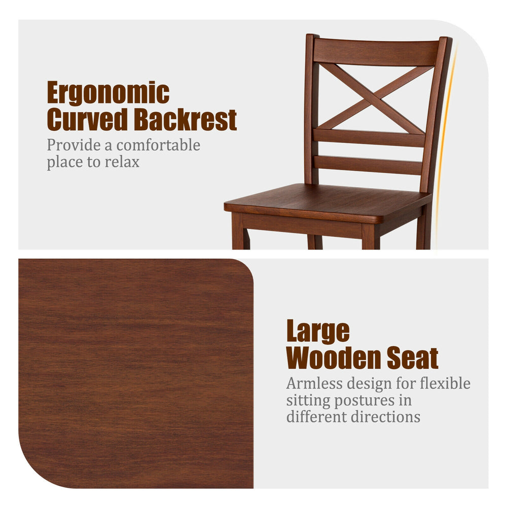 Set of 2 bar stools with ergonomic curved backrest and large wooden seat, perfect for counter height use.