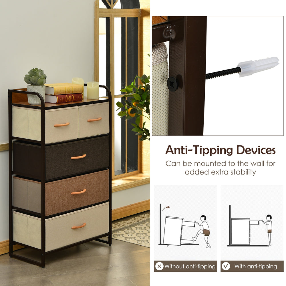 4-tier organizer tower with 5 fabric drawers, steel frame, and wooden top for versatile storage in any room.