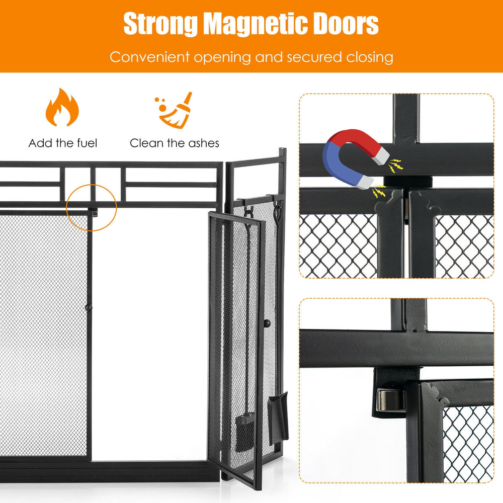 3-panel black wrought iron fireplace screen with magnetic doors and tools set for safety and convenience near fires.