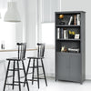 Gray bookcase shelving unit with adjustable shelves and doors, ideal for organizing books and decor in any room.