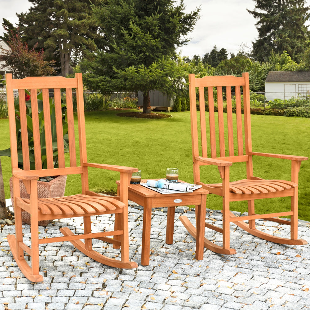 Eucalyptus rocking chair set with coffee table, perfect for outdoor relaxation in patio or garden settings.