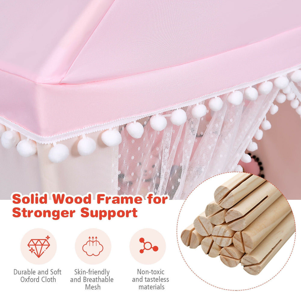 Kids play tent with solid wood frame, pink oxford cloth, and soft mat for indoor and outdoor fun and comfort.