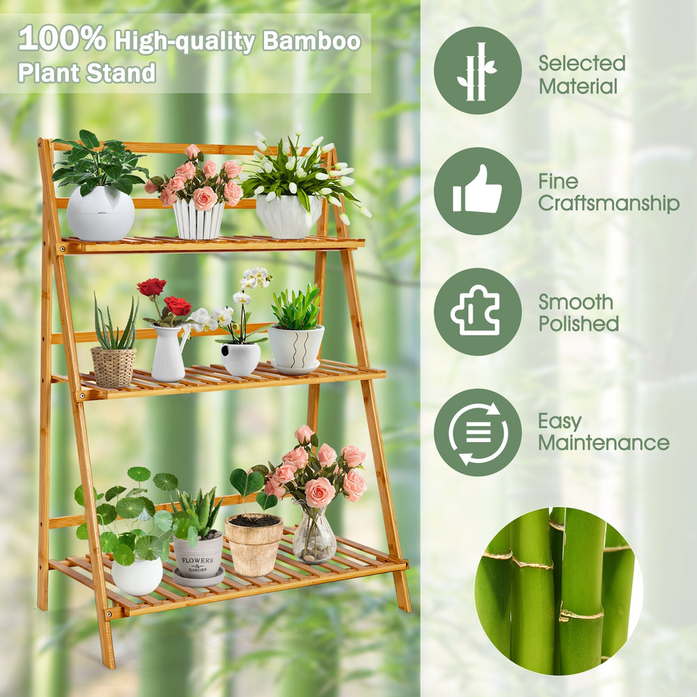 3-tier bamboo foldable plant stand with natural finish, ideal for displaying potted plants indoors or outdoors.