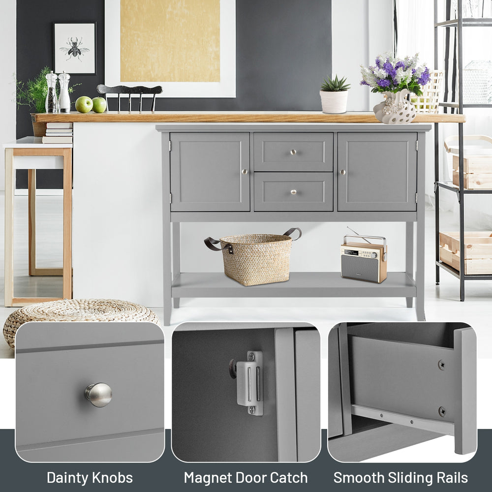 Gray wooden sideboard buffet console table with drawers and storage, featuring dainty knobs and smooth sliding rails.