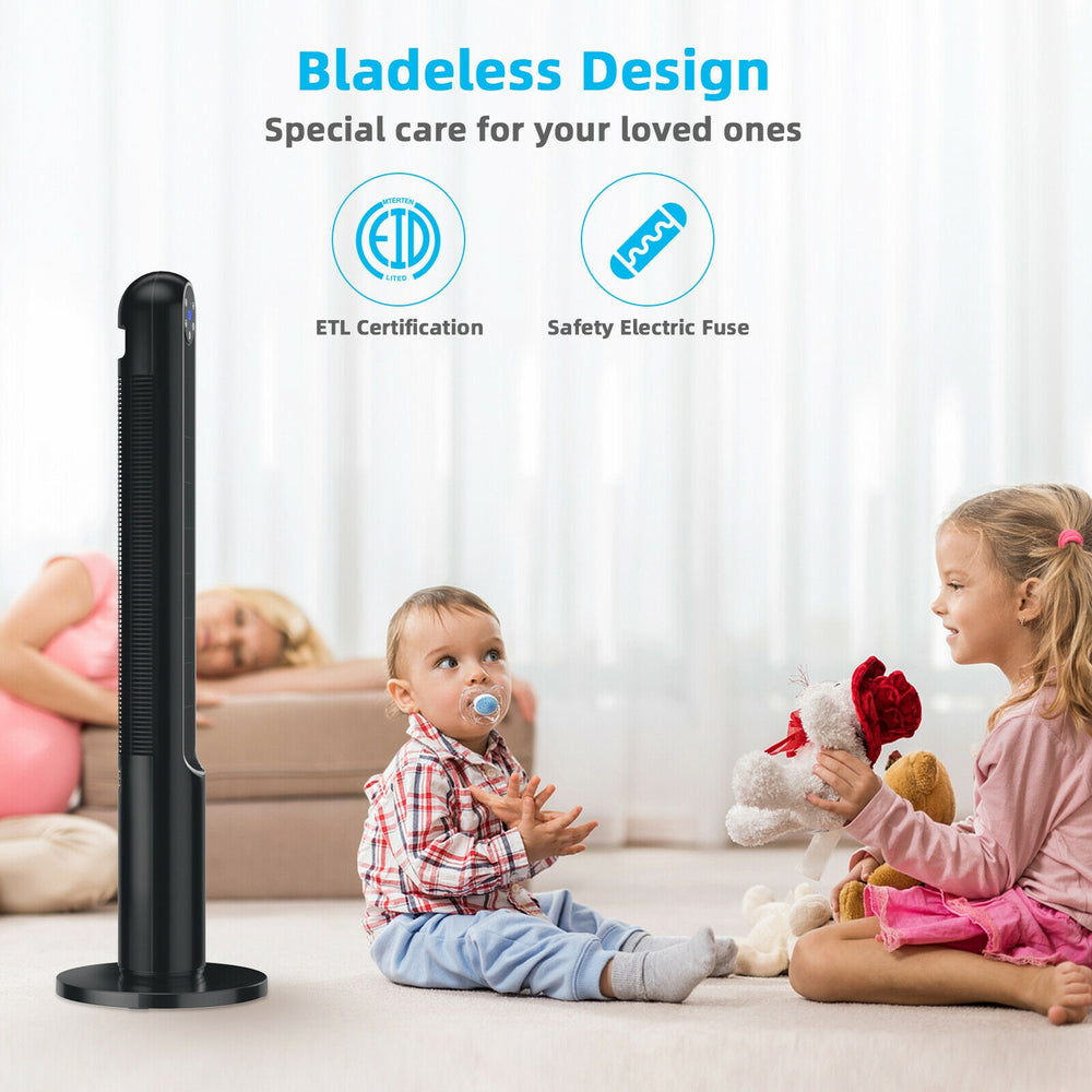 42-inch black tower fan with bladeless design, remote control, and 80° oscillation for safe, quiet airflow in any room.