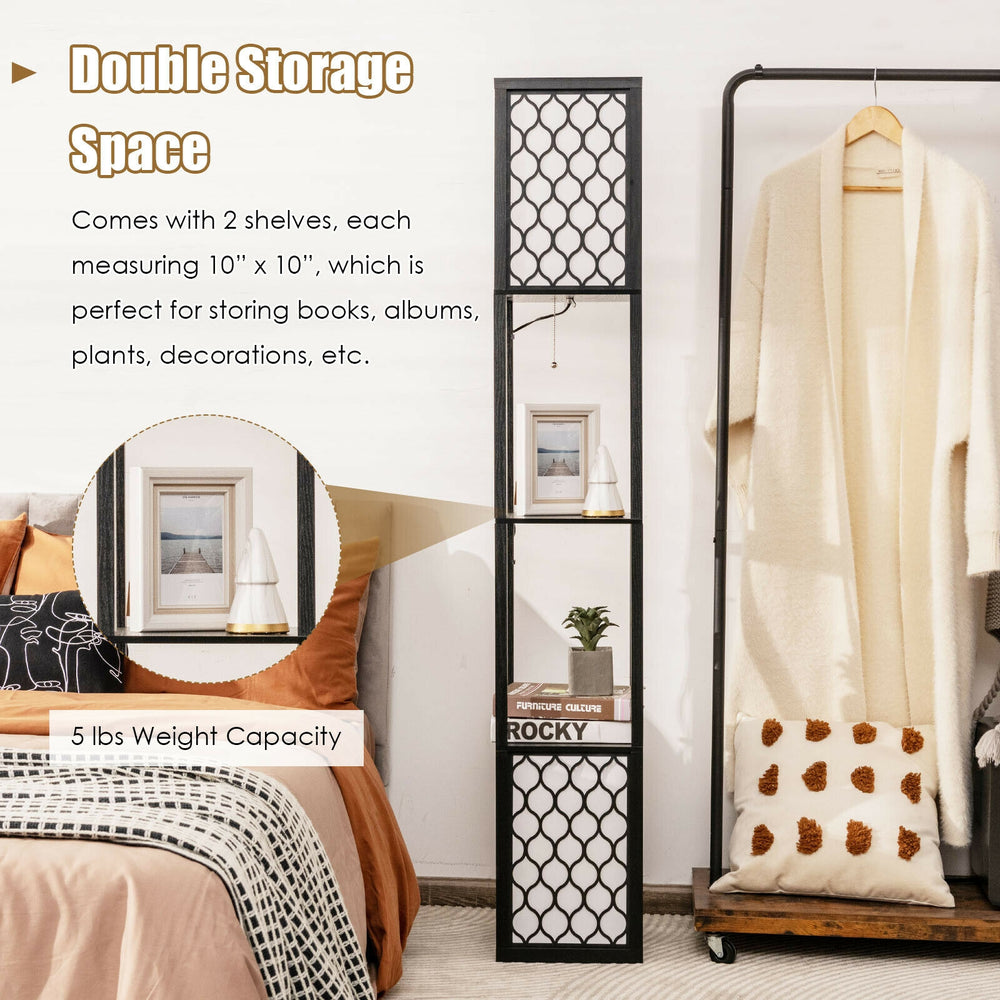 Freestanding floor lamp with storage shelf, featuring a double lamp pull chain and elegant design for living room or.