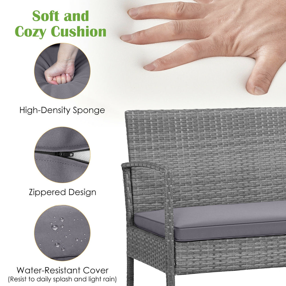 Close-up of a soft, water-resistant cushion with zippered design for the 4 Pieces Rattan Patio Conversation Furniture.