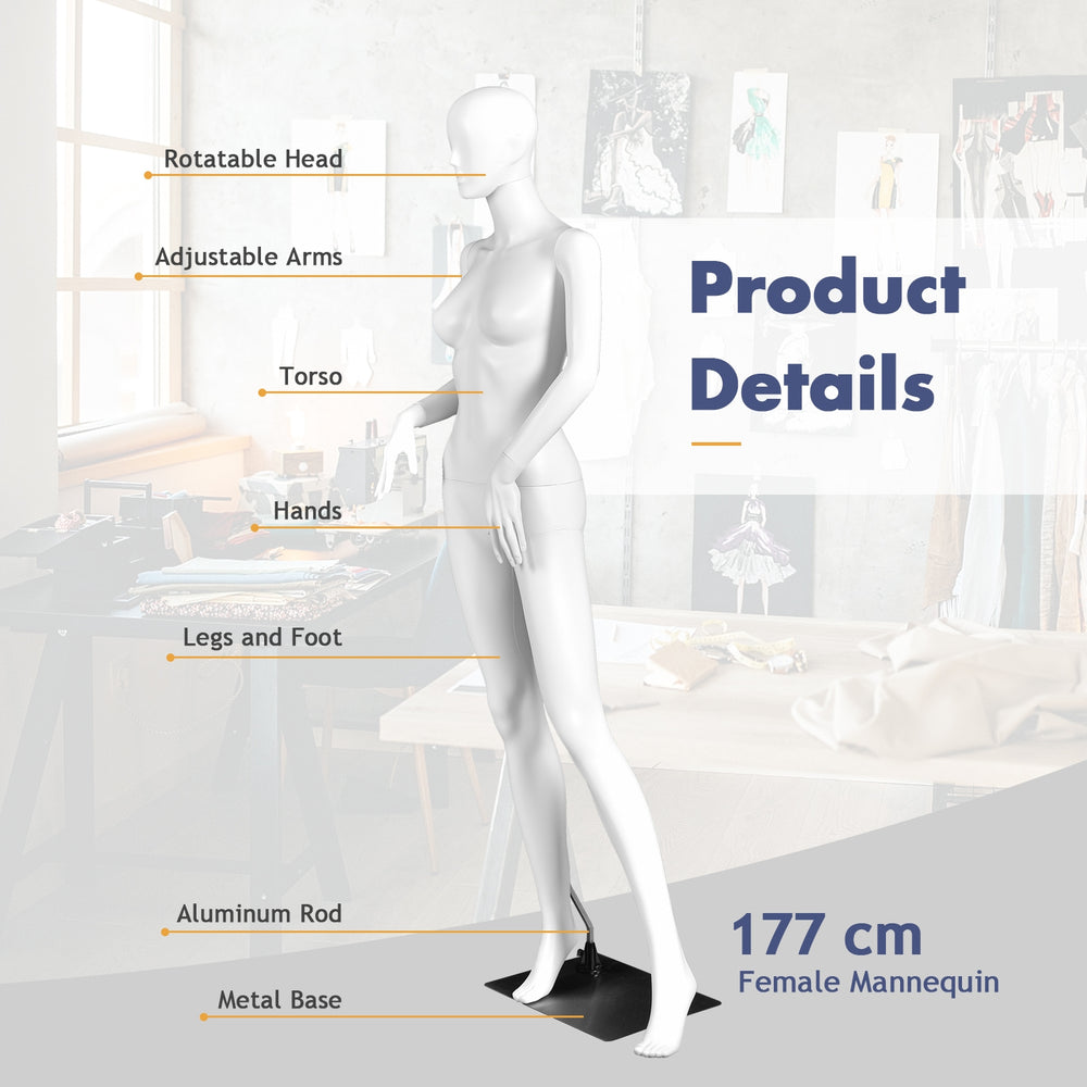 Adjustable 5.8 ft female mannequin with detachable arms and hands, featuring a durable plastic body and aluminum stand.