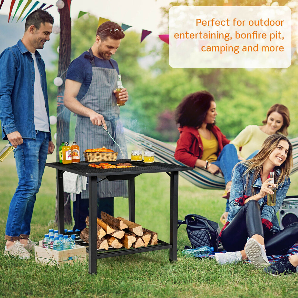 Square 31-inch outdoor fire pit dining table with BBQ grate, perfect for outdoor entertaining and cooking.