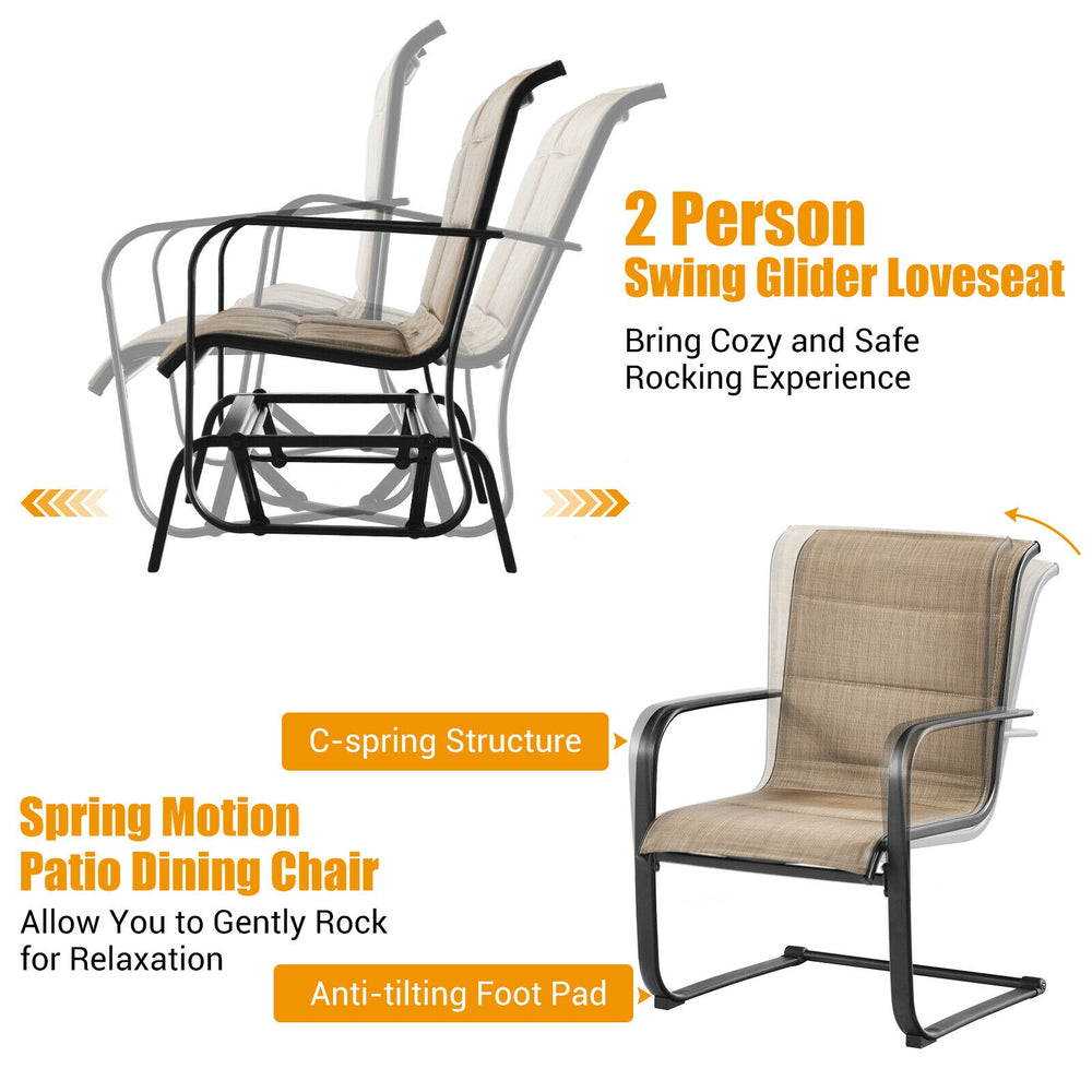 2-person swing glider loveseat with ergonomic padded backrest and rustproof steel frame for outdoor relaxation.