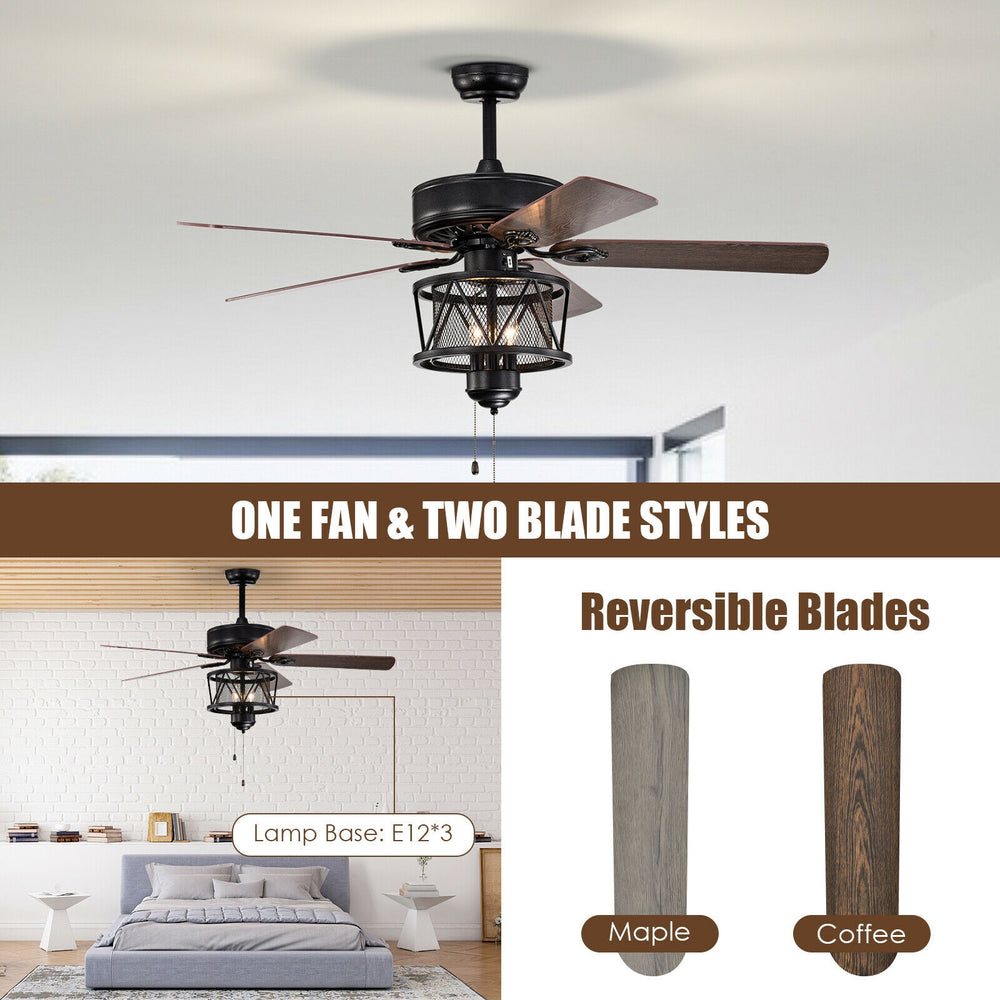 50-inch black ceiling fan with reversible blades, pull chain control, and integrated lights for versatile home use.