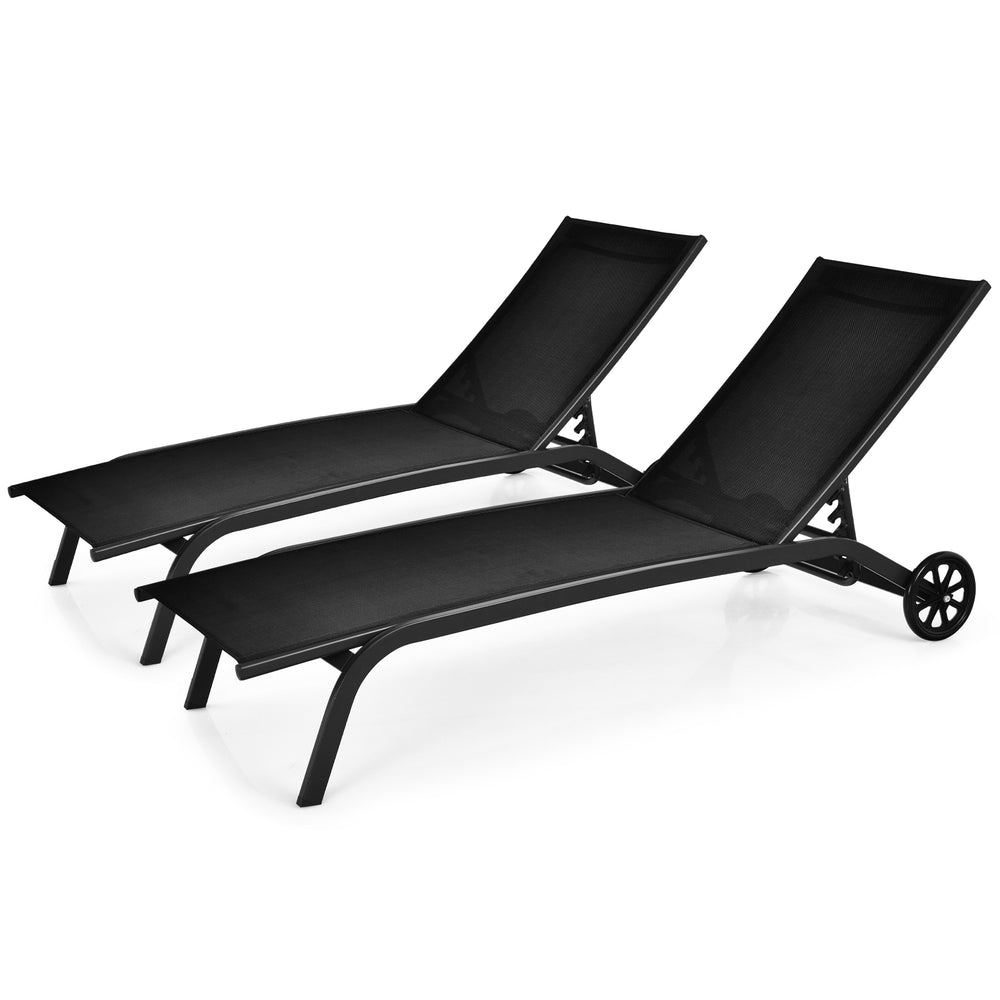 Adjustable black outdoor chaise recliners with wheels, featuring a heavy-duty steel frame and breathable fabric for.