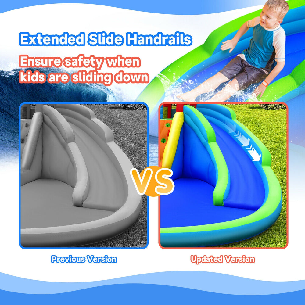 Inflatable waterslide bounce house featuring upgraded extended handrails for safety, designed for kids aged 3-10.
