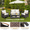 Detail view of the 4-piece patio rattan furniture set featuring acacia wood armrests and cushioned sofas for outdoor.