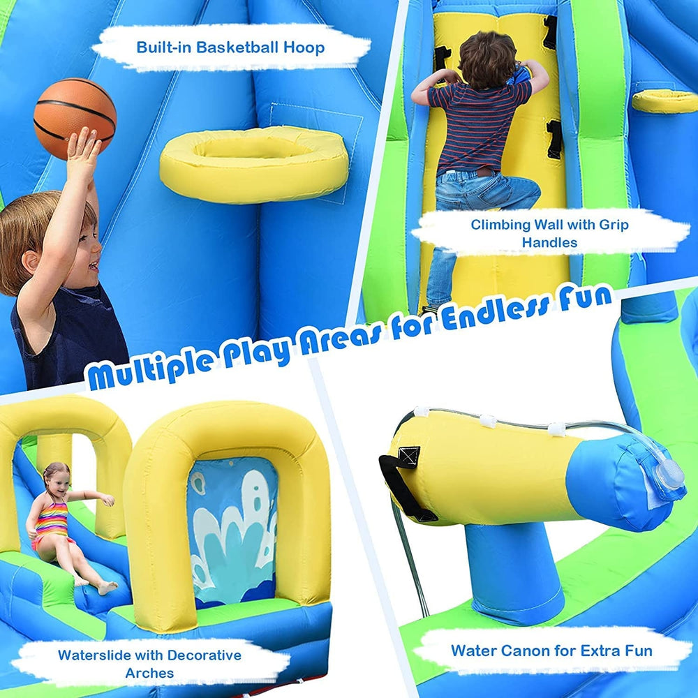 Multifunctional inflatable water bounce featuring a built-in basketball hoop, climbing wall, and water cannon for kids'.