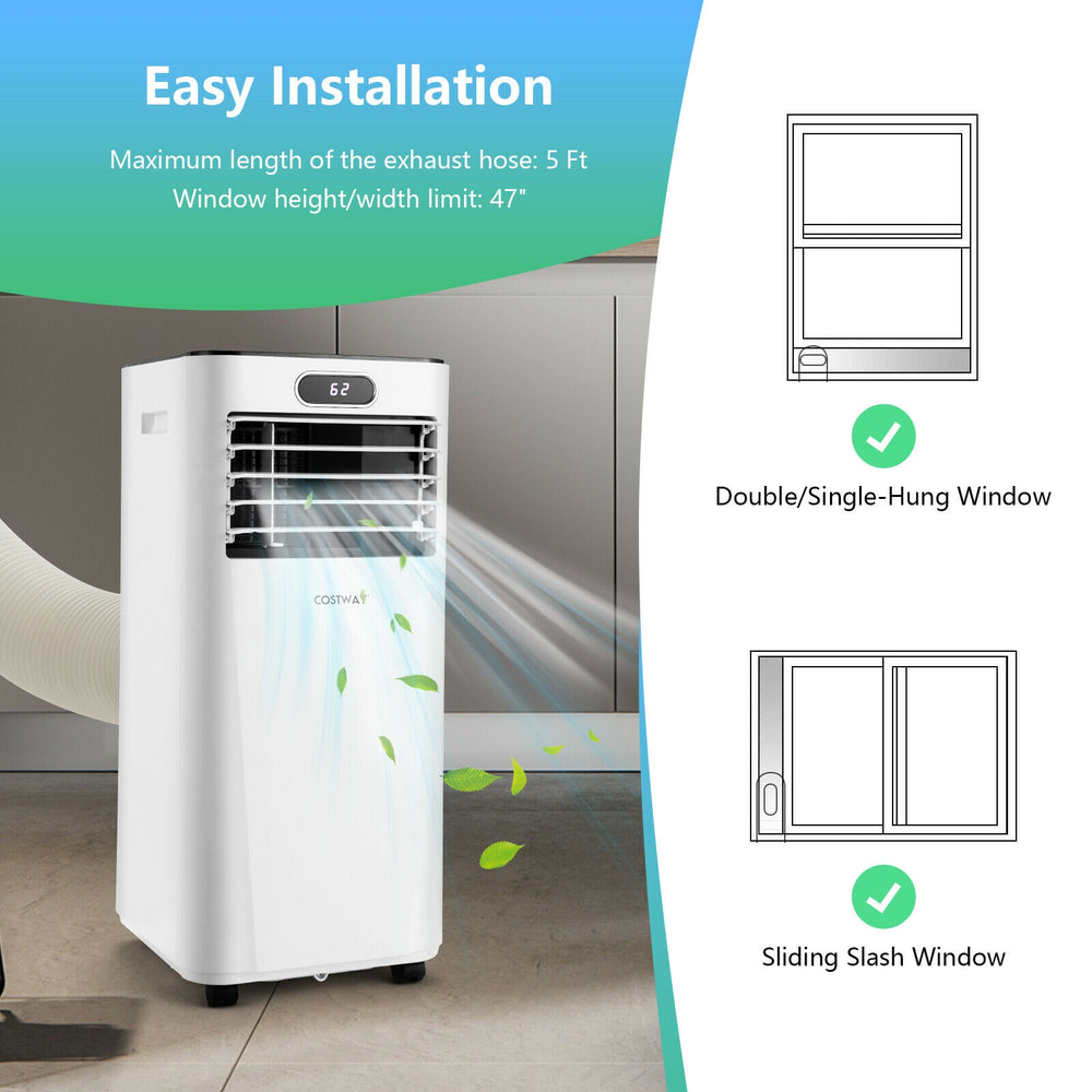 Portable 8000BTU air conditioner in white with remote control, ideal for bedrooms and small apartments, featuring easy.