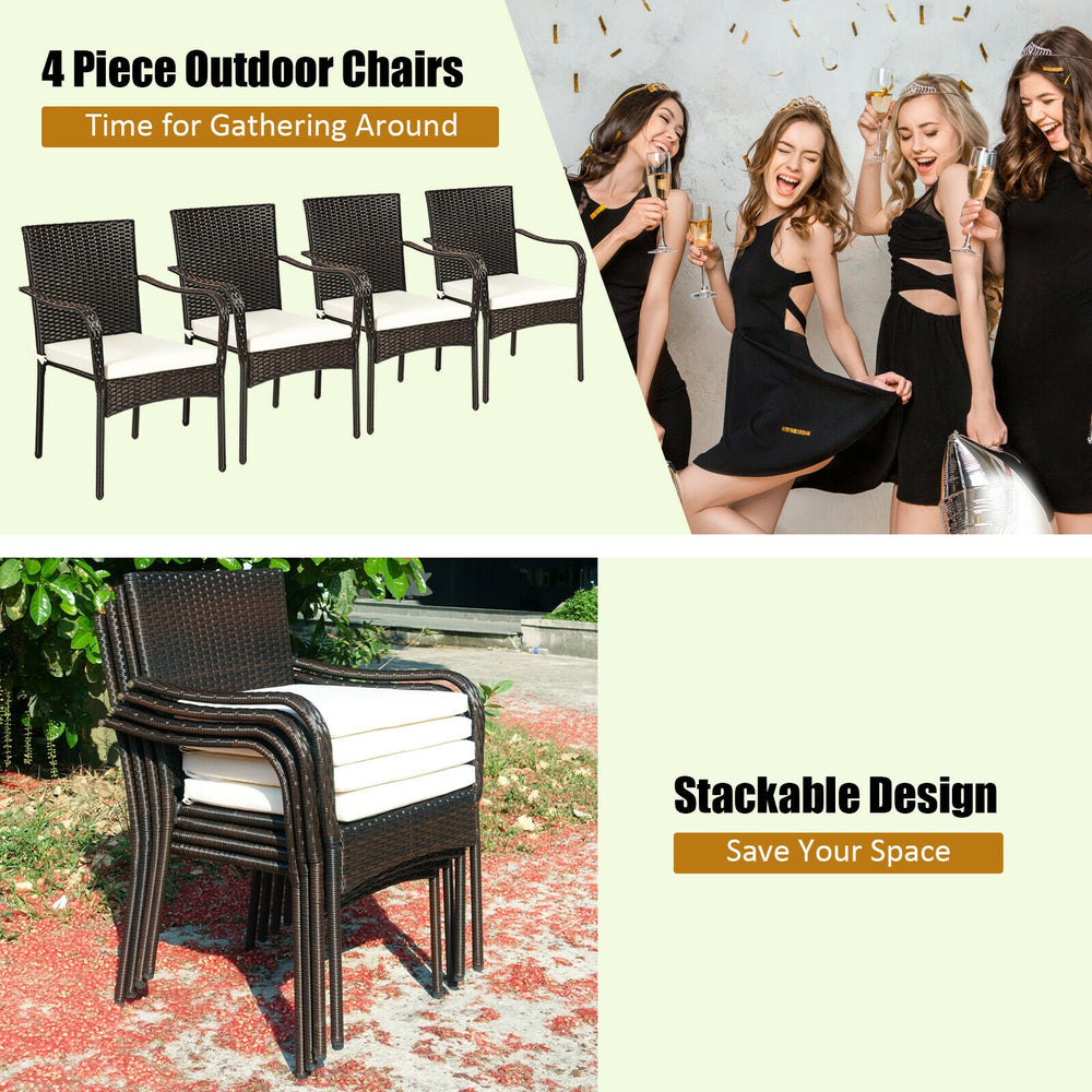 Set of 4 stackable patio rattan dining chairs with cushioned armrests, perfect for outdoor garden and poolside use.