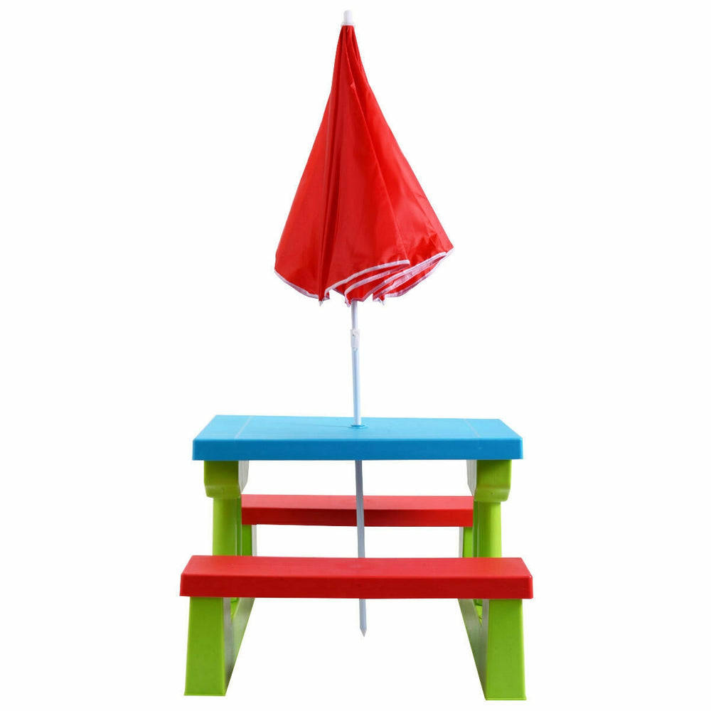 Kids picnic folding table and bench set with blue tabletop and green legs, ideal for outdoor meals and activities for.