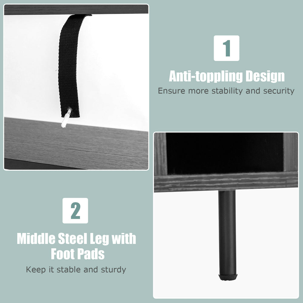 Close-up of the anti-toppling design and middle steel leg with foot pads on a black kitchen baker's rack for stability.
