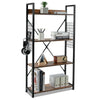 Industrial 4-tier bookshelf with wooden shelves, adjustable height, and hooks for extra storage, perfect for any room.