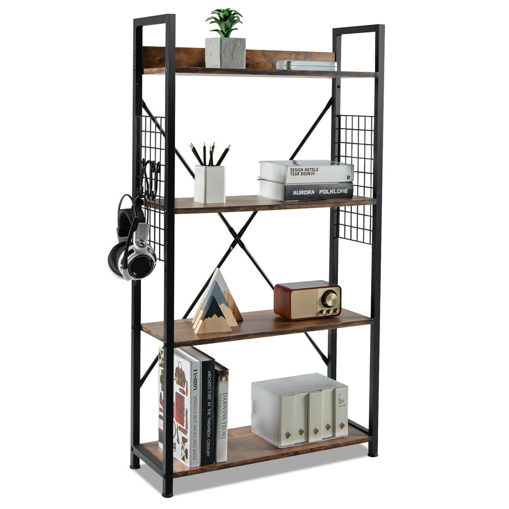 Industrial 4-tier bookshelf with wooden shelves, adjustable height, and hooks for extra storage, perfect for any room.