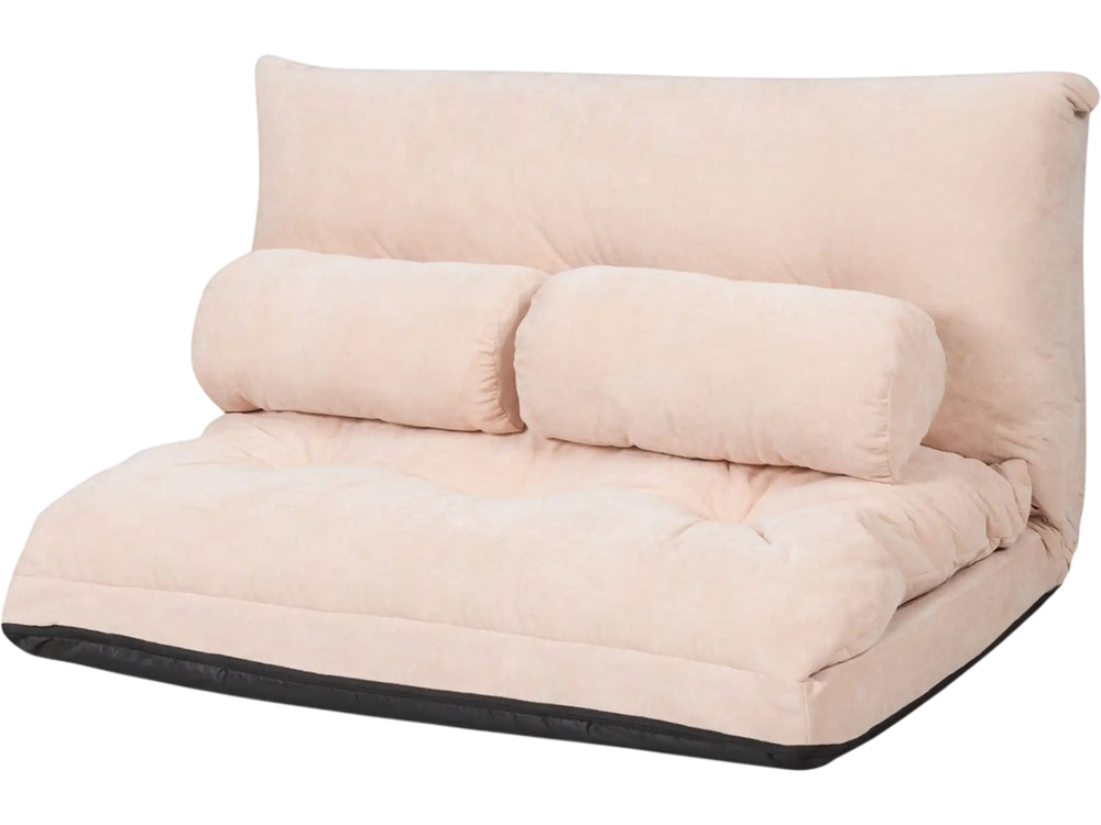 Beige 6-position adjustable sleeper lounge couch with two pillows, featuring a foldable design for easy storage and.