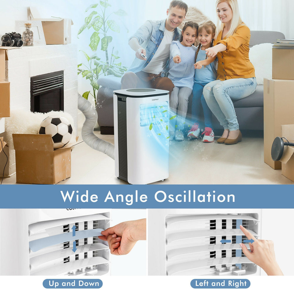 Portable 9000 BTU air conditioner with fan and dehumidifier, featuring wide angle oscillation for optimal cooling.