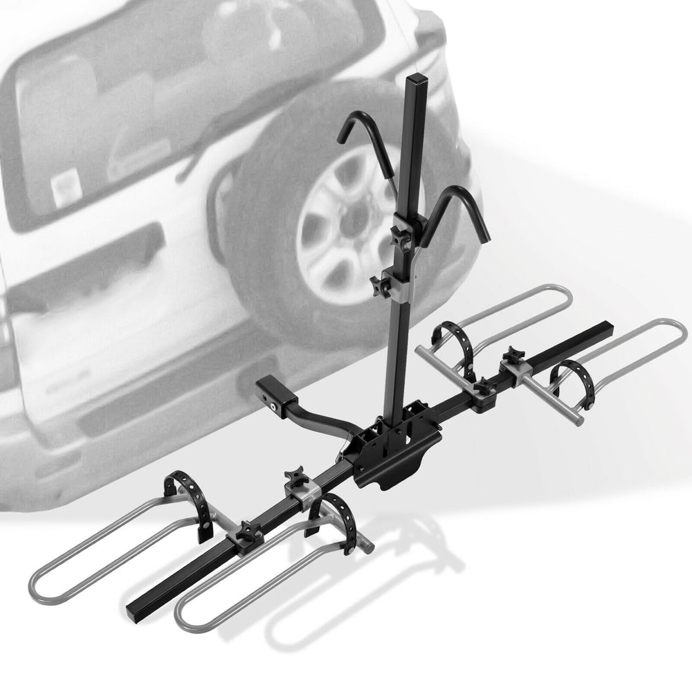 Platform-style 2-bike hitch mount bike rack in black, adjustable for various bike sizes, suitable for 1-1/4" and 2".
