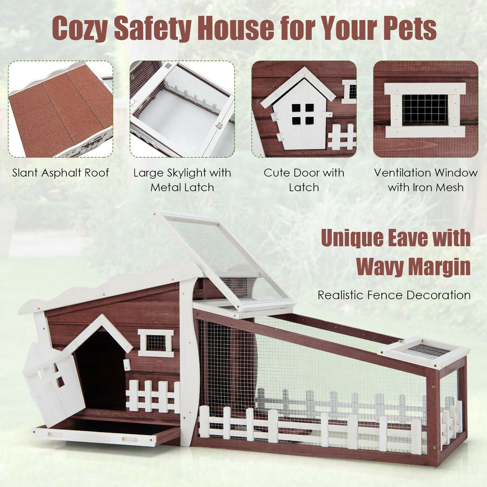 Wooden rabbit hutch with pull-out tray, featuring a slant roof, skylight, and iron wire for pet safety and comfort.