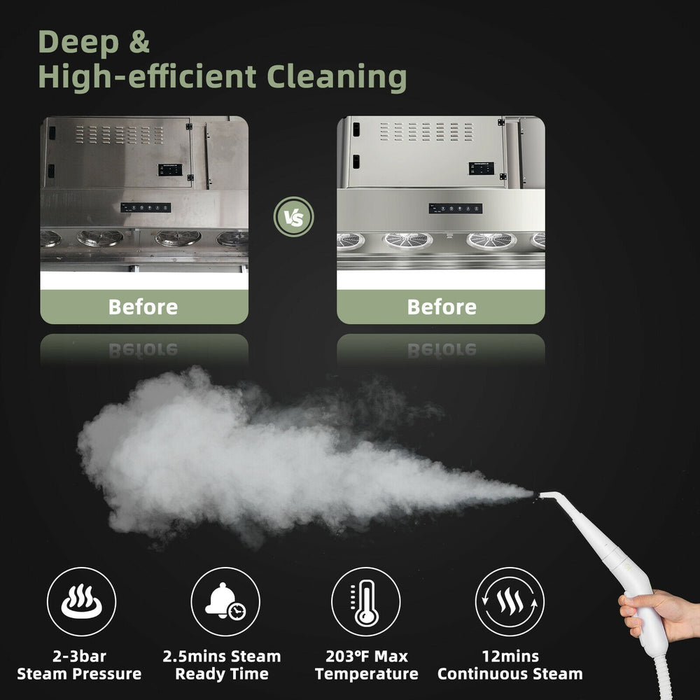Hand-held steam cleaner with 2-3 bar pressure, 203°F steam, and 10 accessories for efficient cleaning of various.