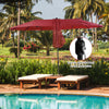 Double-sided dark red patio umbrella with 48 solar LED lights, featuring a hand-crank mechanism for easy operation.