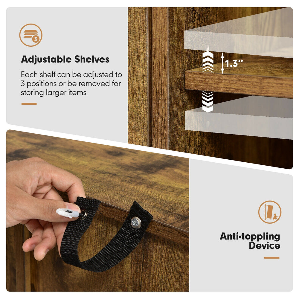 Adjustable shelves of rustic brown buffet cabinet for customized storage; features anti-toppling device for safety.