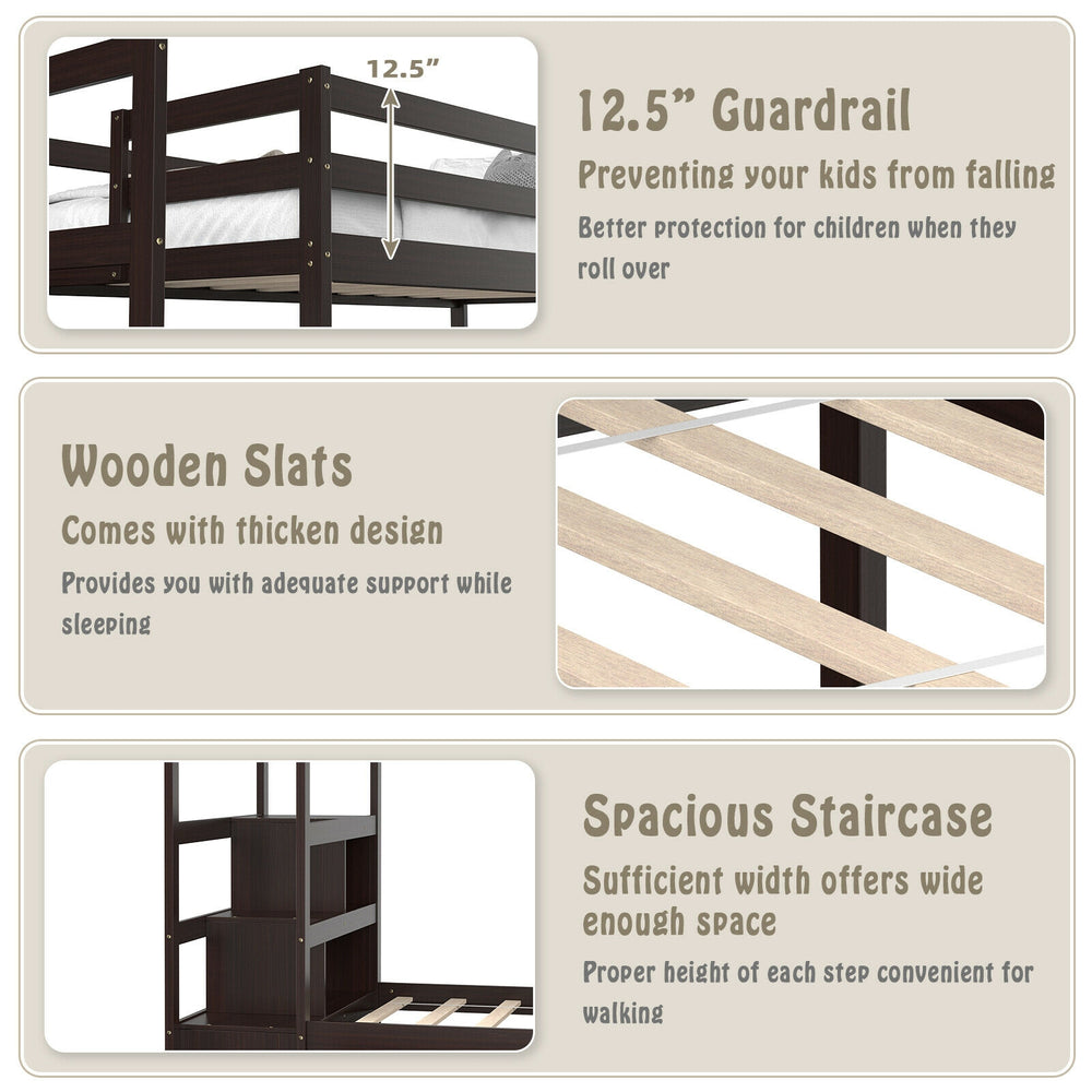 Twin over twin bunk bed with 12.5" guardrail, wooden slats, and spacious staircase for safe and tidy kids' bedroom.