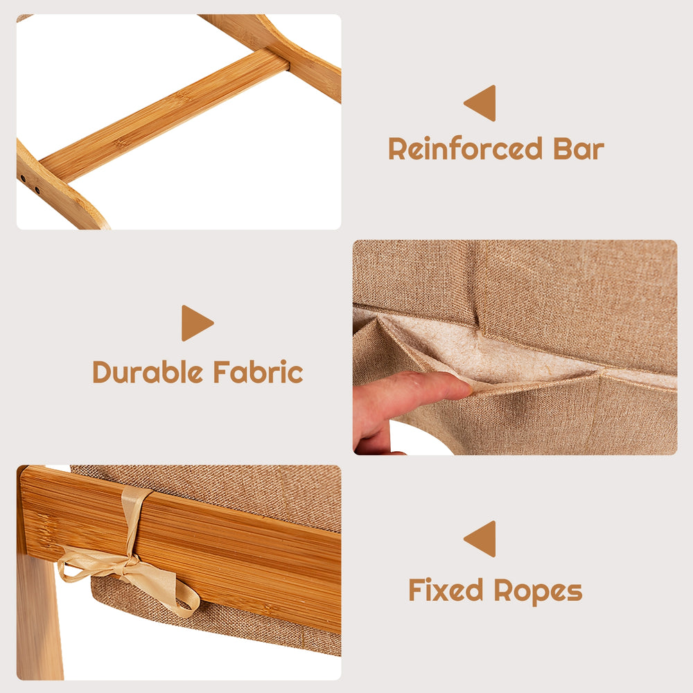 Bamboo side table with storage bag, L-shaped design, durable fabric, and round corners for safety and style.