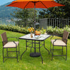 Black steel square table with tempered glass top, perfect for outdoor dining, featuring umbrella hole for sun.