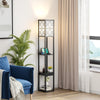 Modern standing shelf lamp with 3 open shelves, 1 drawer, and 2 USB ports, perfect for living room or bedroom corners.