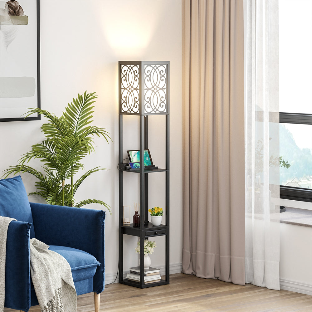 Modern standing shelf lamp with 3 open shelves, 1 drawer, and 2 USB ports, perfect for living room or bedroom corners.