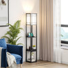 Modern floor lamp with shelves and drawer, featuring a white lampshade and USB ports, ideal for living room or bedroom.
