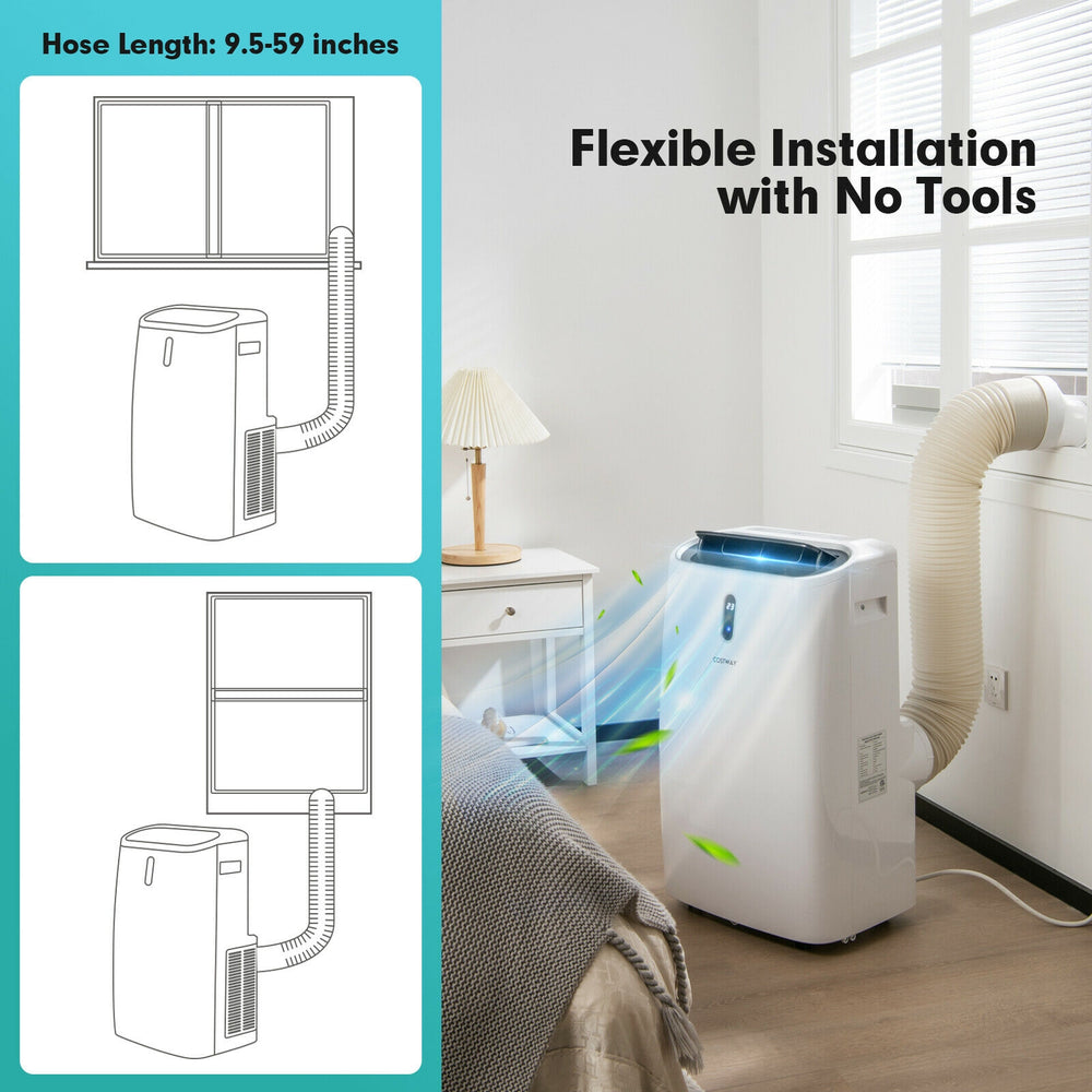 12000 BTU portable air conditioner with flexible installation, 4-in-1 functionality, and 70° oscillation for effective.