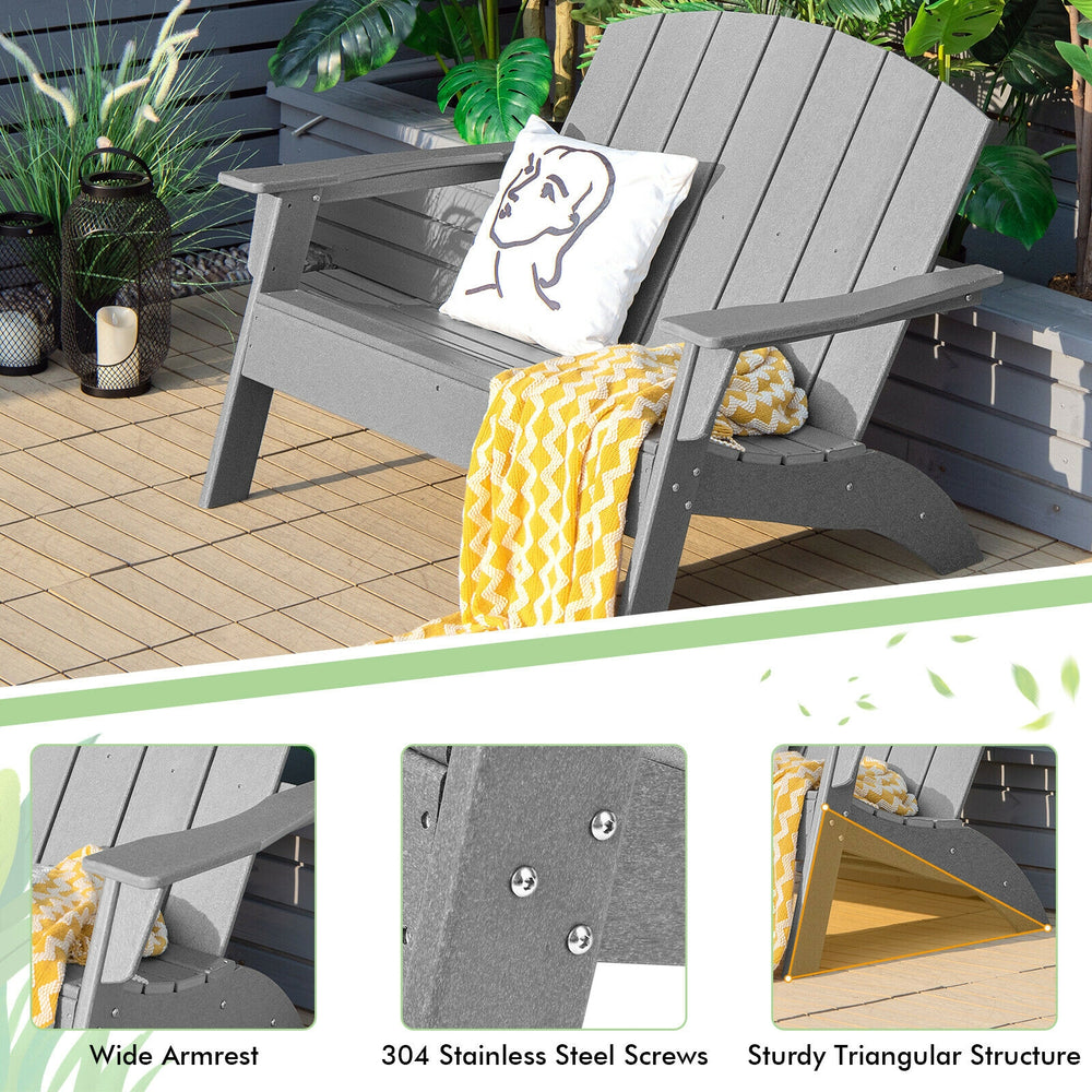 Gray HDPE patio Adirondack chair with wide armrests and sturdy triangular structure, perfect for outdoor relaxation.